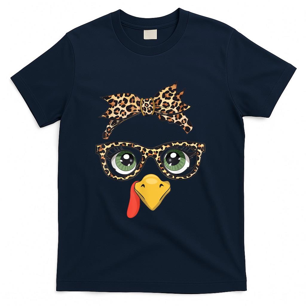 Leopard Print Thanksgiving Turkey Face Glasses Women Girls T-Shirt
