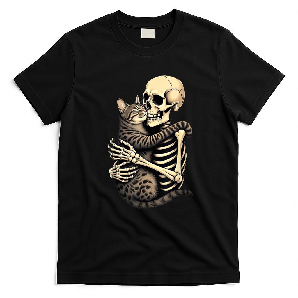 Pet Mom Halloween Shirt - Skeleton Hugging Cat Halloween Cat Lover Cat Mom Dad Bruh T-Shirt for Men Women