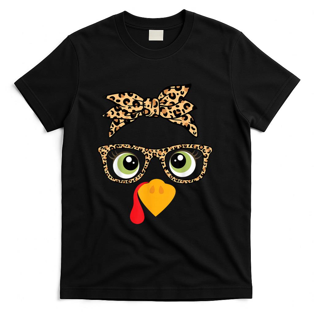 Thanksgiving Turkey Face Leopard Print Glasses Women Girls T-Shirt
