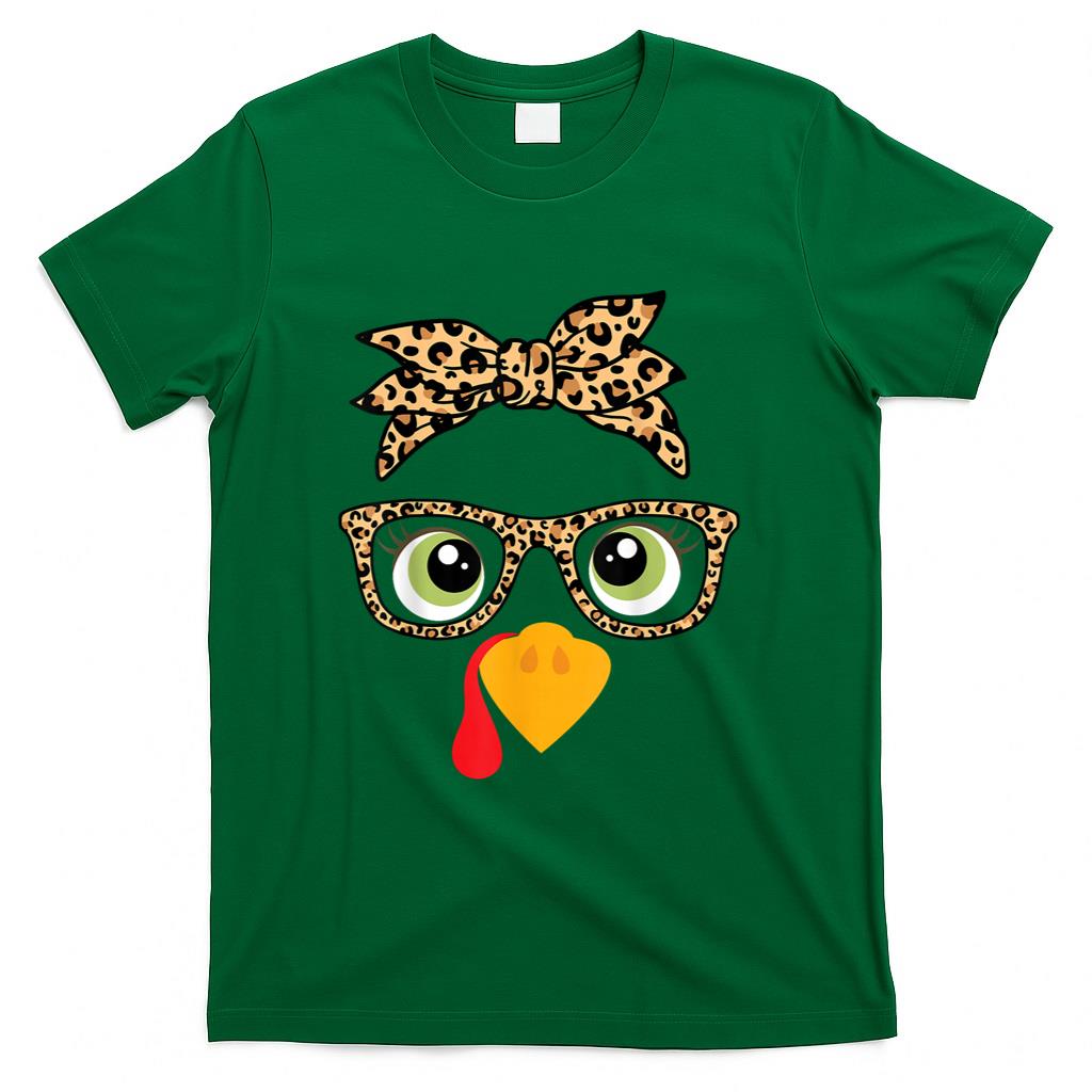 Thanksgiving Turkey Face Leopard Print Glasses Women Girls T-Shirt