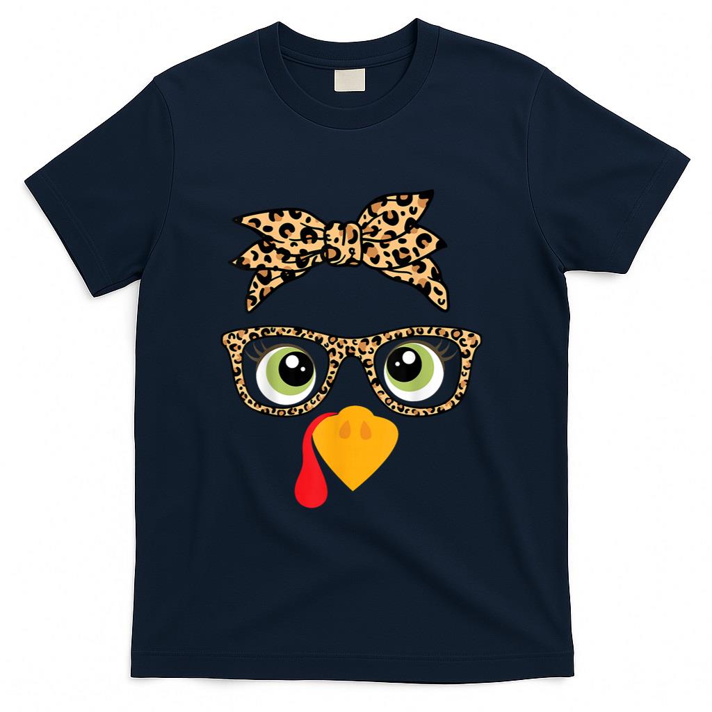 Thanksgiving Turkey Face Leopard Print Glasses Women Girls T-Shirt