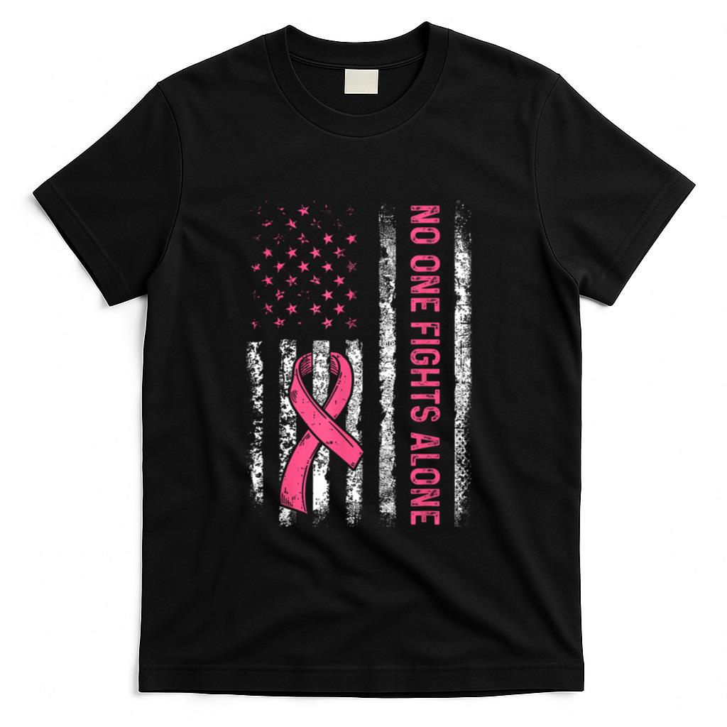 No One Fights Breast Cancer Alone American Flag Pink Ribbon T-Shirt