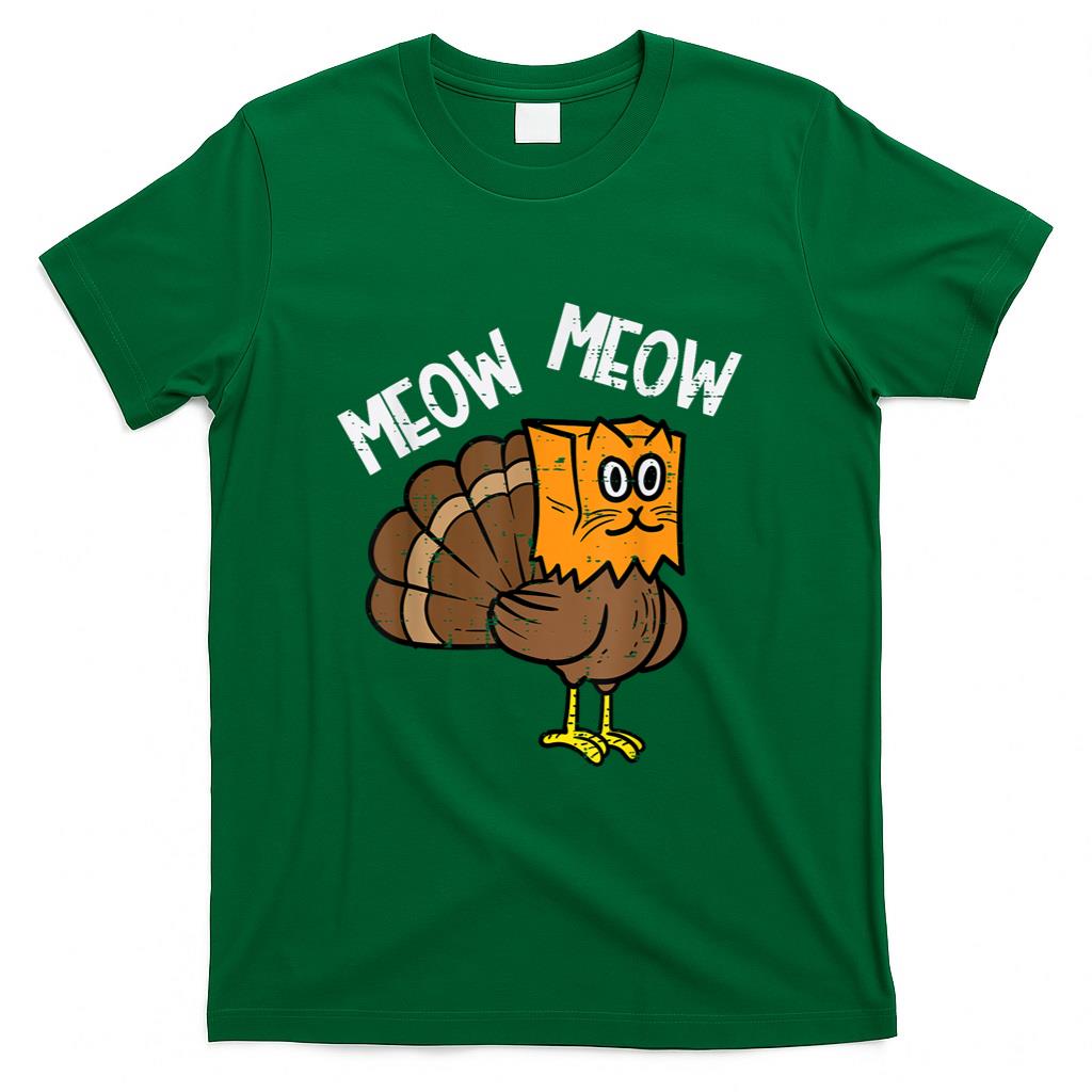 Turkey Paper Bag Meow Funny Thanksgiving Cat Men Women Kids T-Shirt