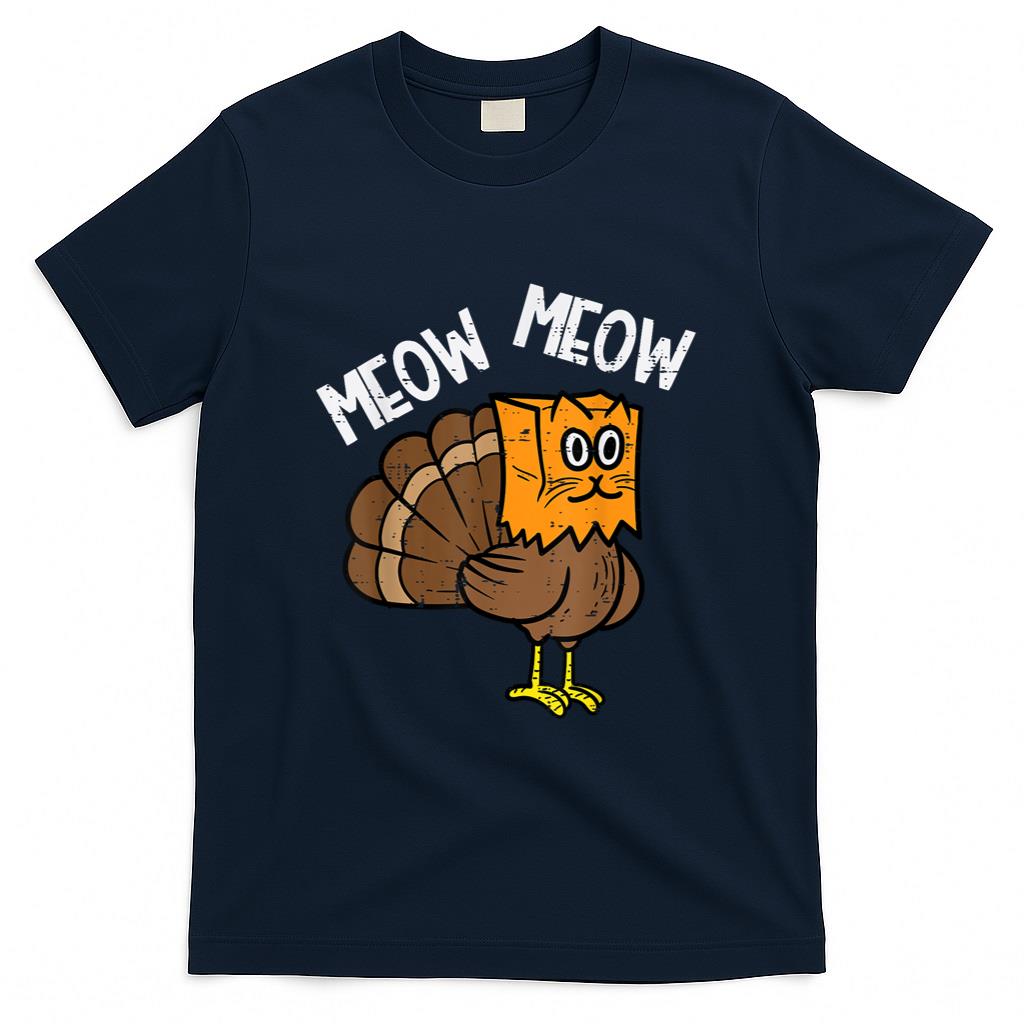 Turkey Paper Bag Meow Funny Thanksgiving Cat Men Women Kids T-Shirt