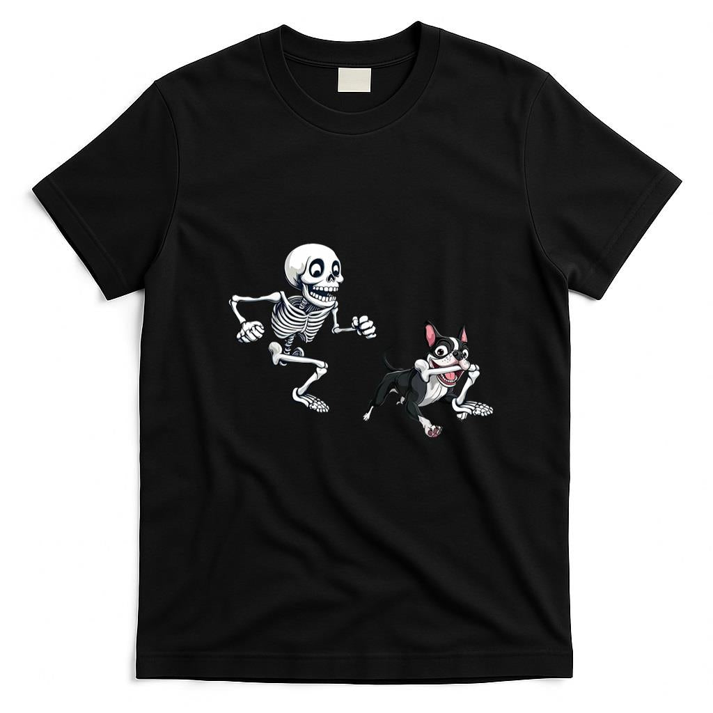 Pet Mom Halloween Shirt - Skeleton Chasing Dog Boston Terrier Halloween Pet Lover T-Shirt