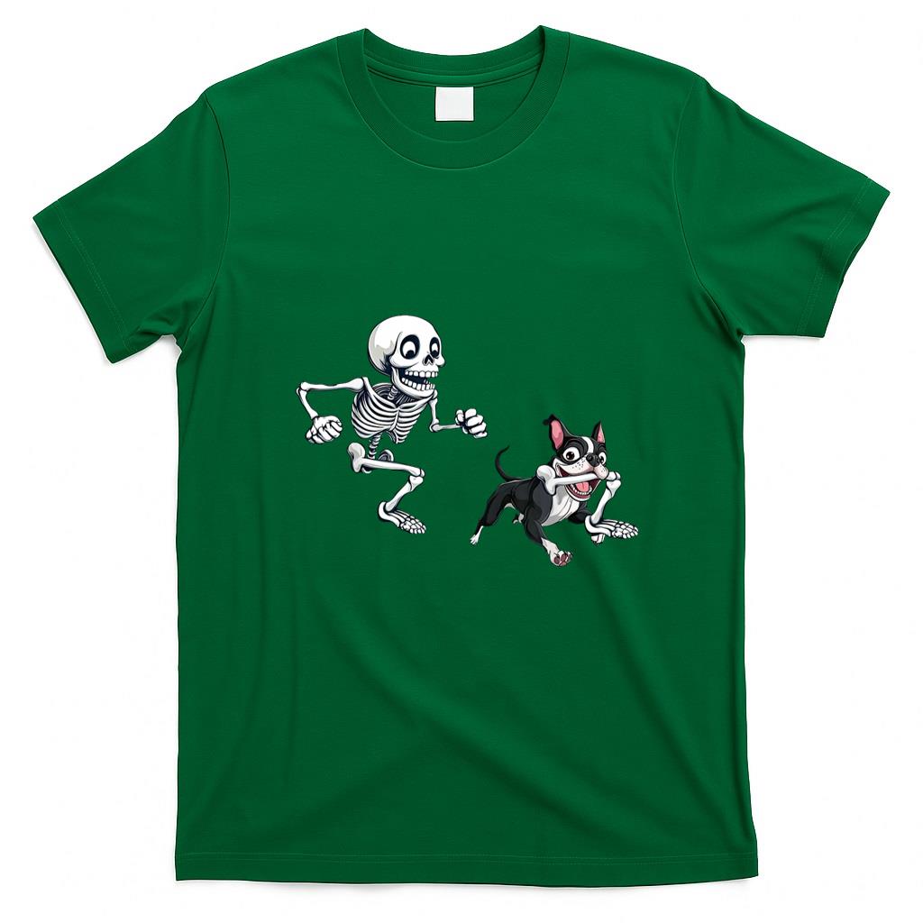 Pet Mom Halloween Shirt - Skeleton Chasing Dog Boston Terrier Halloween Pet Lover T-Shirt