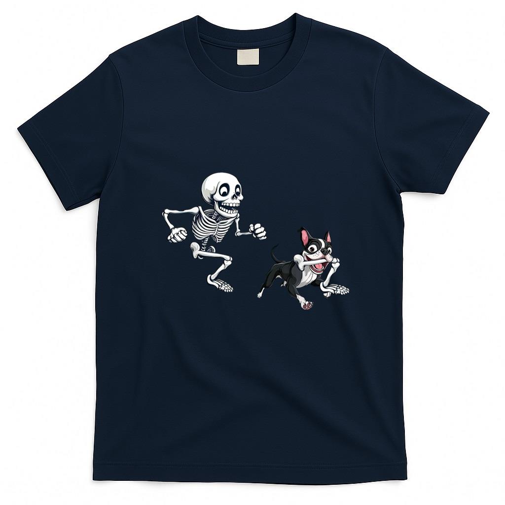 Pet Mom Halloween Shirt - Skeleton Chasing Dog Boston Terrier Halloween Pet Lover T-Shirt