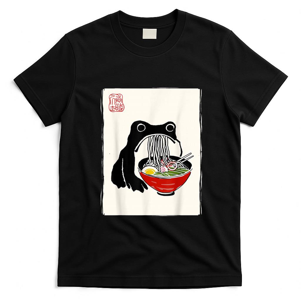Funny Tees - Funny Grumpy Frog Ramen Sumi-e Kawaii Ink Painting Japanese T-Shirt