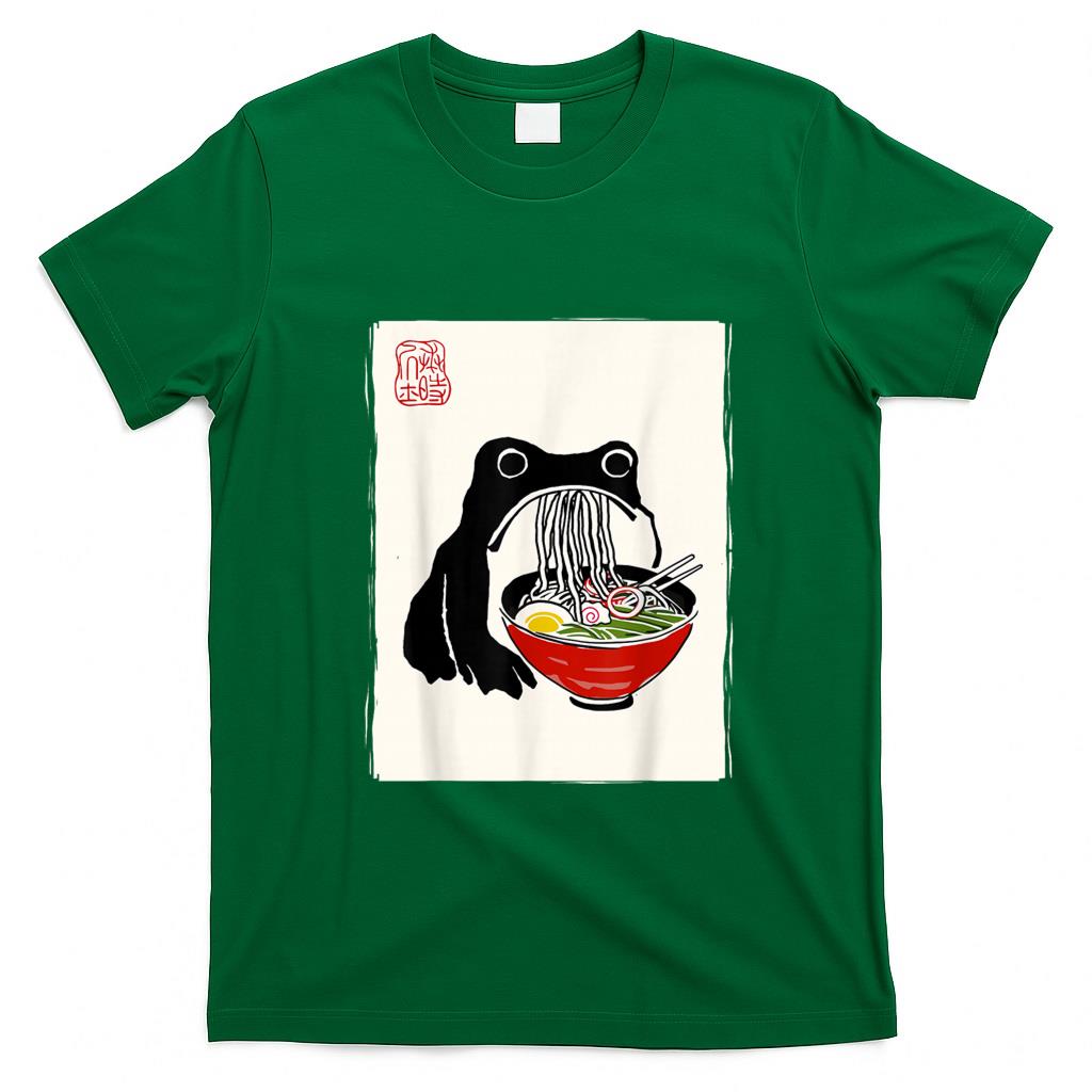 Funny Tees - Funny Grumpy Frog Ramen Sumi-e Kawaii Ink Painting Japanese T-Shirt