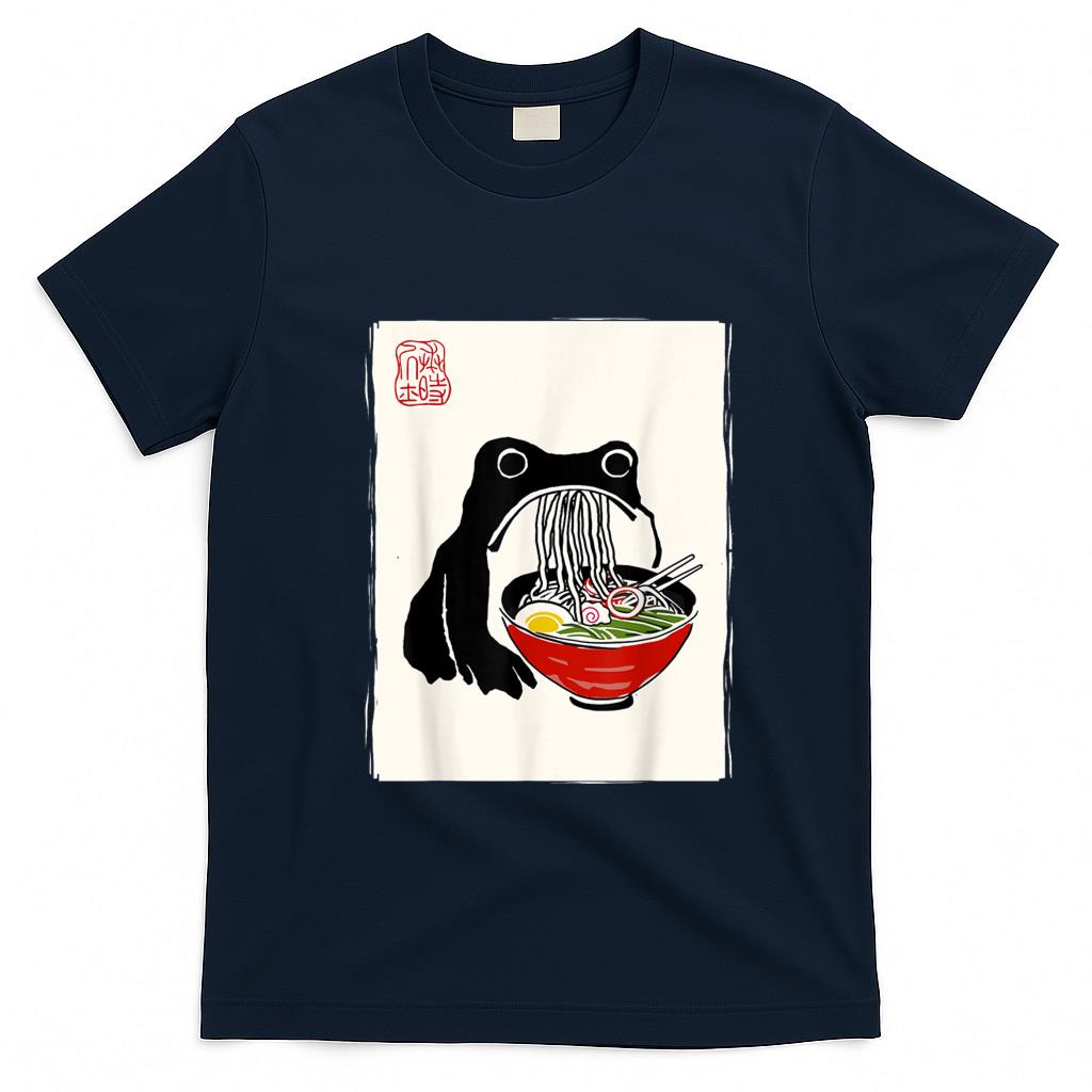 Funny Tees - Funny Grumpy Frog Ramen Sumi-e Kawaii Ink Painting Japanese T-Shirt