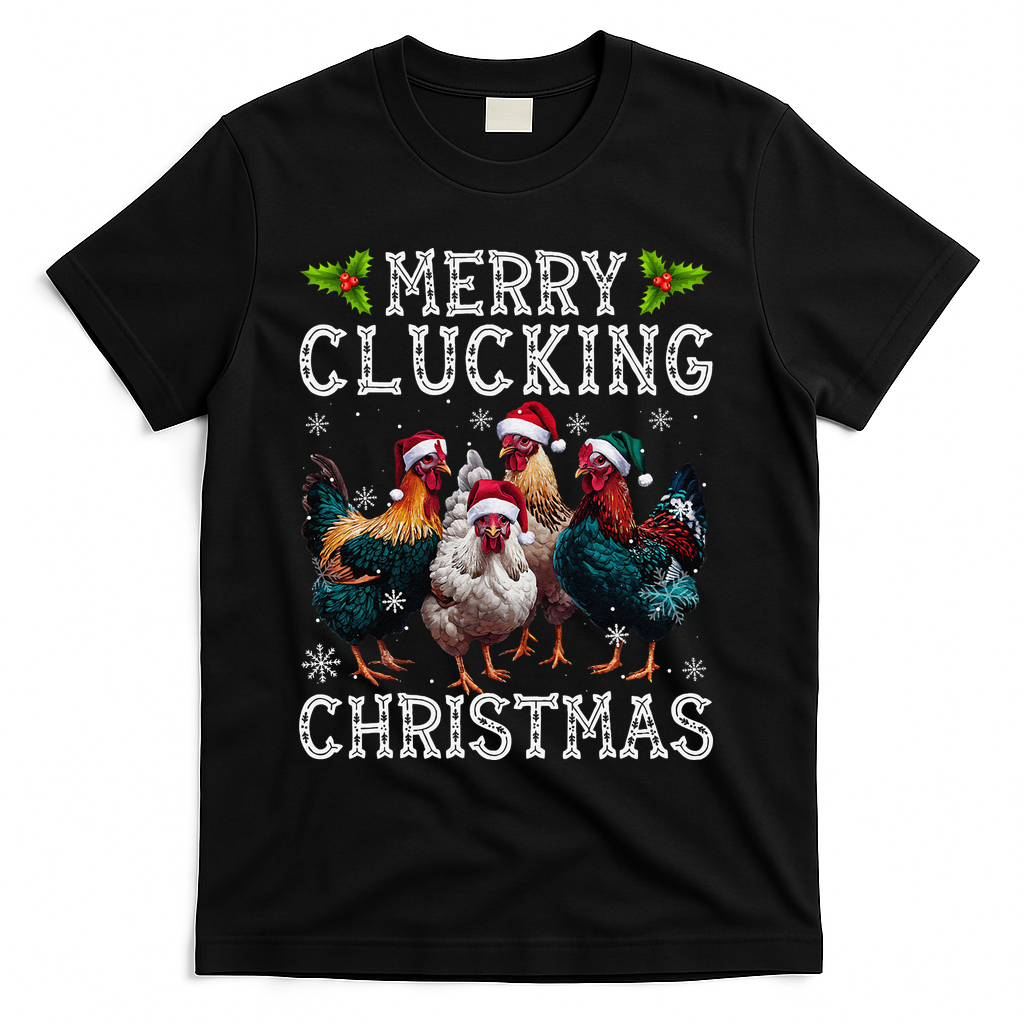 Merry Clucking Christmas Funny Chicken Lights Santa Hat Xmas T-Shirt