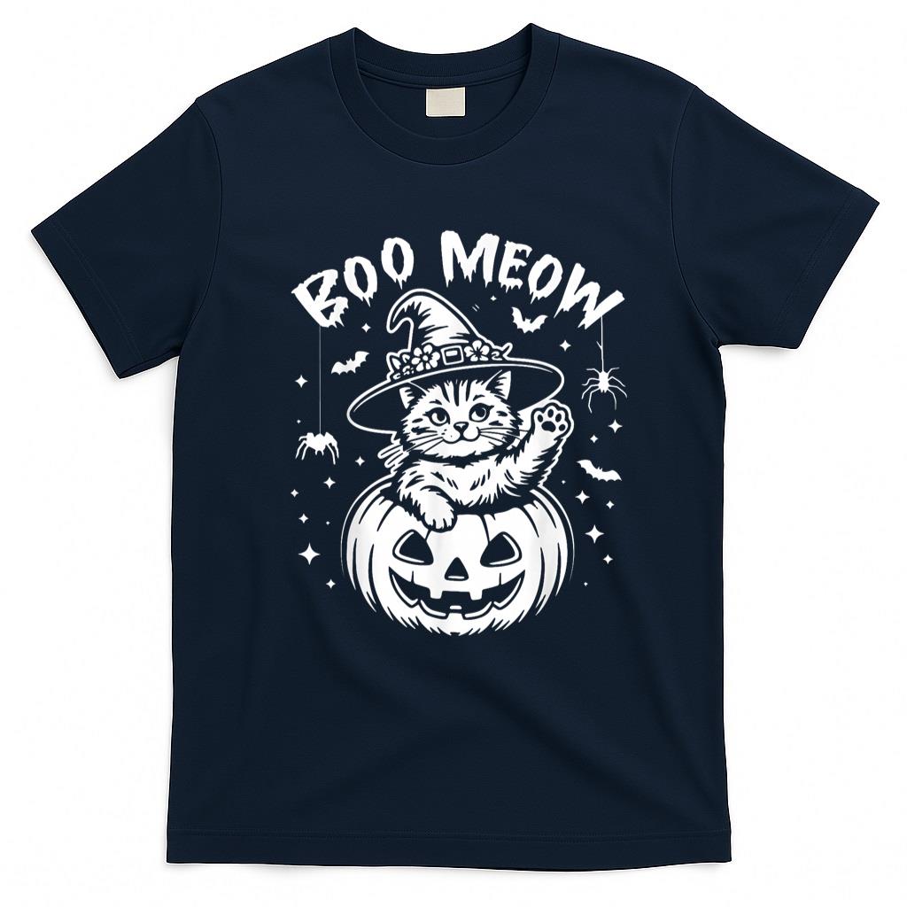 Pet Mom Halloween Shirt - Boo Meow Cat Halloween Costume Cute Pumpkin Fur Dad Pet Mom T-Shirt