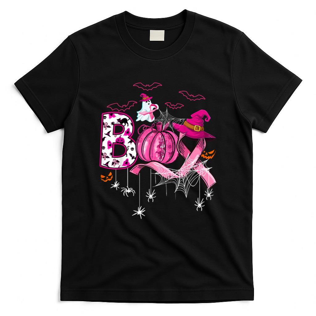 Halloween Shirt - Boo Halloween Pumpkin Pink Ribbon Witch Breast Cancer T-Shirt