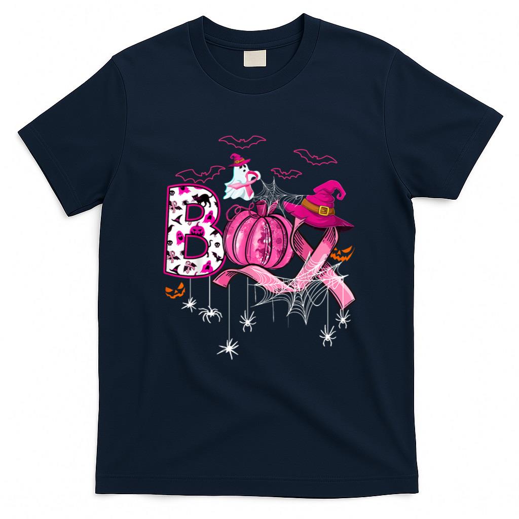 Halloween Shirt - Boo Halloween Pumpkin Pink Ribbon Witch Breast Cancer T-Shirt