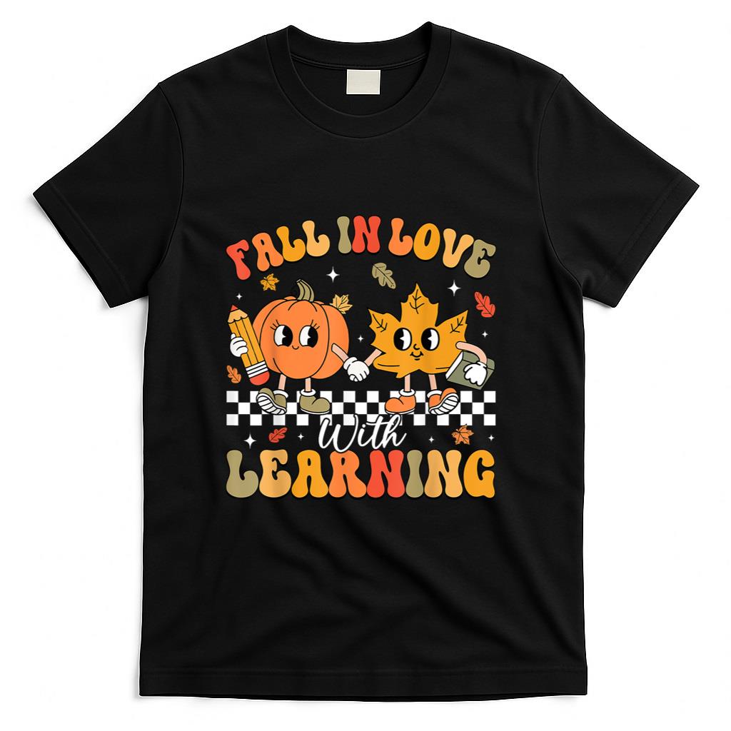 Retro Fall In Love With Learning Autumn Pumpkin Teacher T-Shirt_2