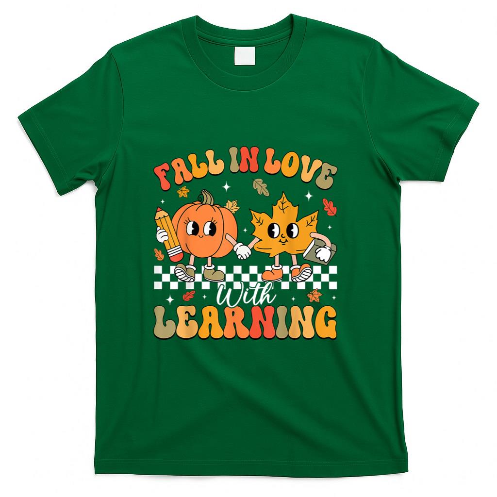 Retro Fall In Love With Learning Autumn Pumpkin Teacher T-Shirt_2