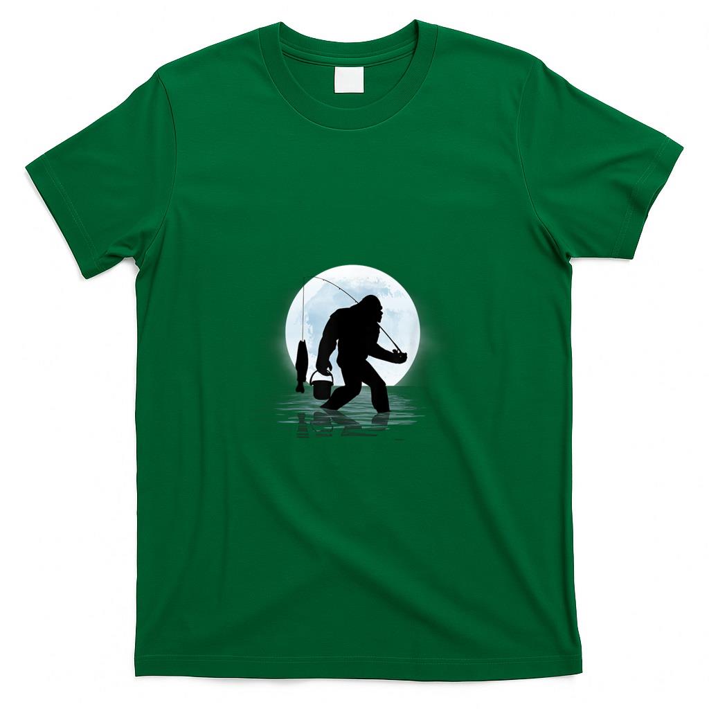 Funny Tees - Bigfoot Fishing Funny Sasquatch and Fish Night Fishing T-Shirt
