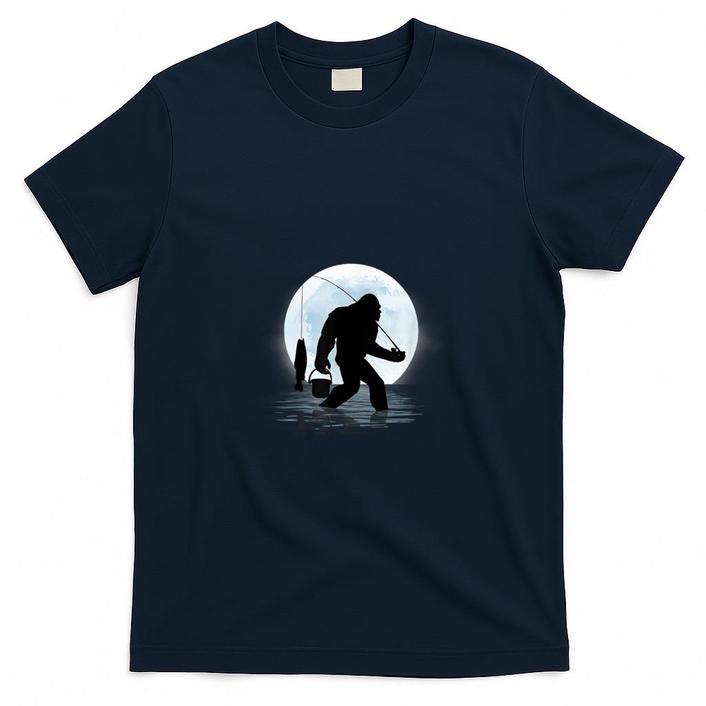 Funny Tees - Bigfoot Fishing Funny Sasquatch and Fish Night Fishing T-Shirt