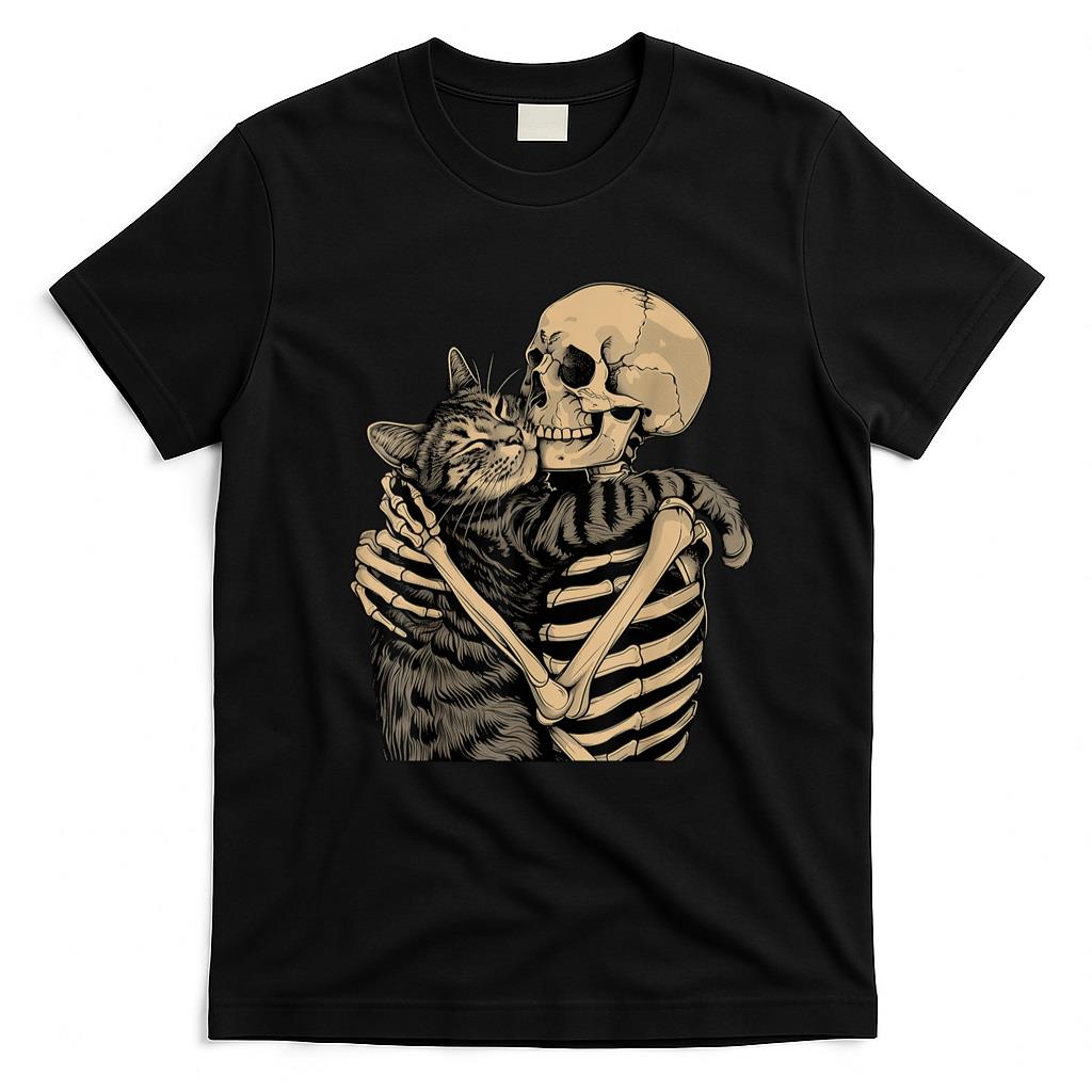 Pet Mom Halloween Shirt - Skeleton Hugging Cat Halloween Cat Lover Cat Mom Dad T-Shirt