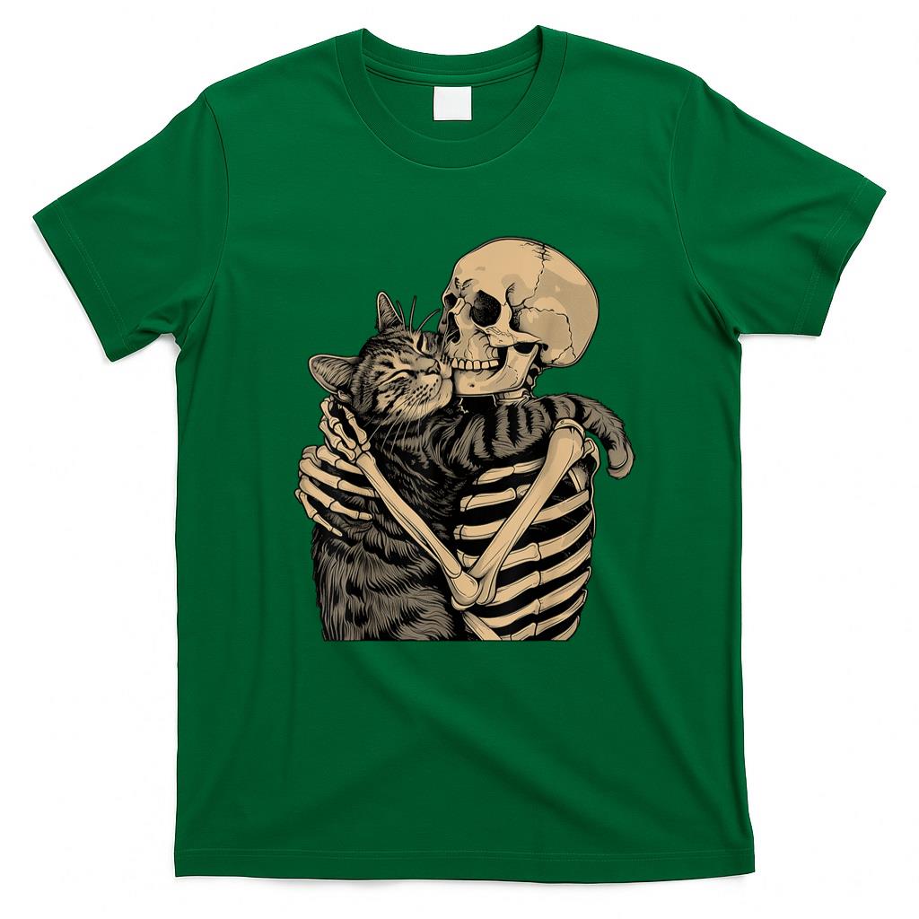 Pet Mom Halloween Shirt - Skeleton Hugging Cat Halloween Cat Lover Cat Mom Dad T-Shirt