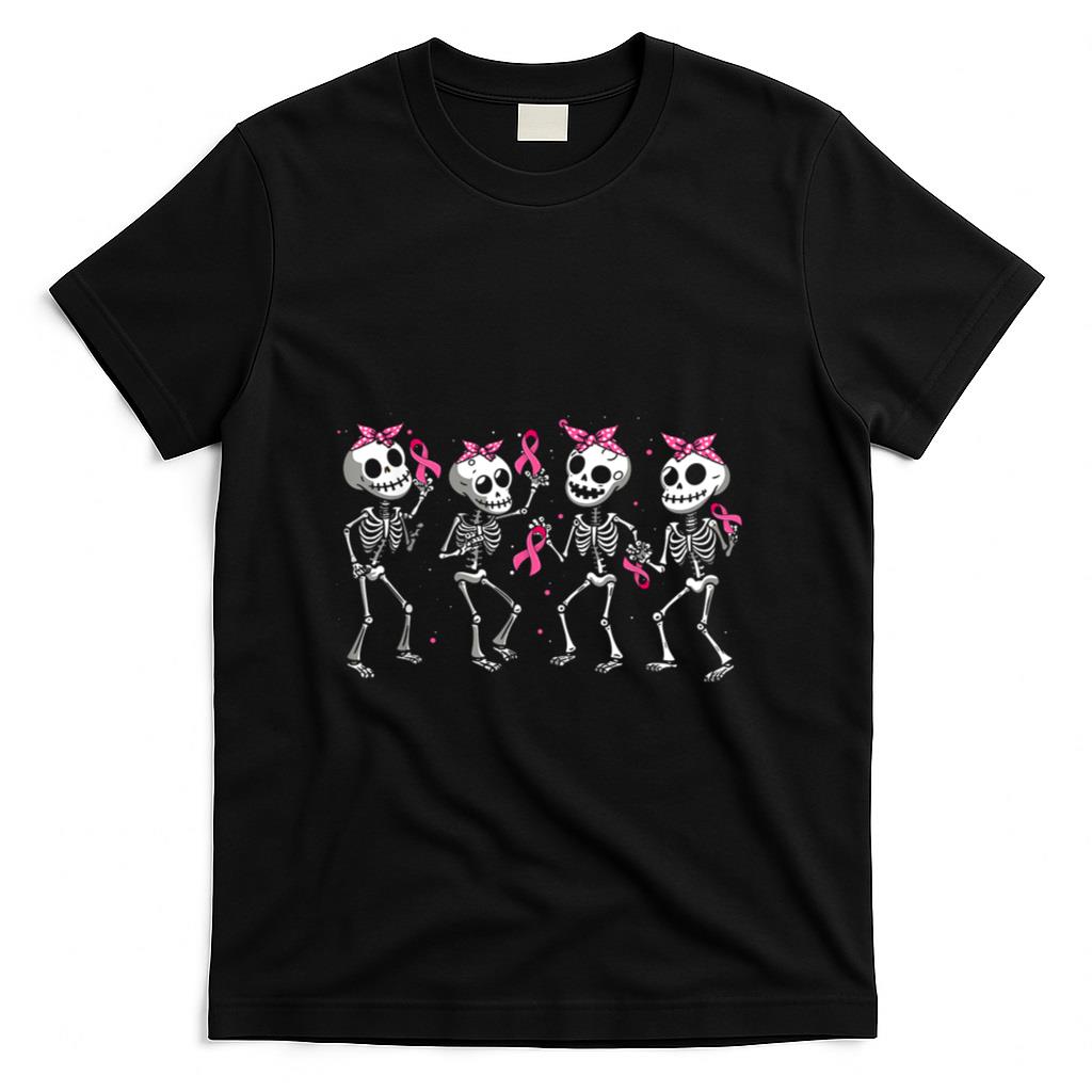 Pink Ribbon Breast Cancer Awareness Skeleton Women Men Kids T-Shirt_1