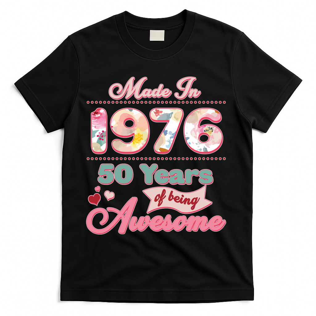 50th Birthday Pink Floral Made In 1956 Years Of Being Awesome T-Shirt - Black