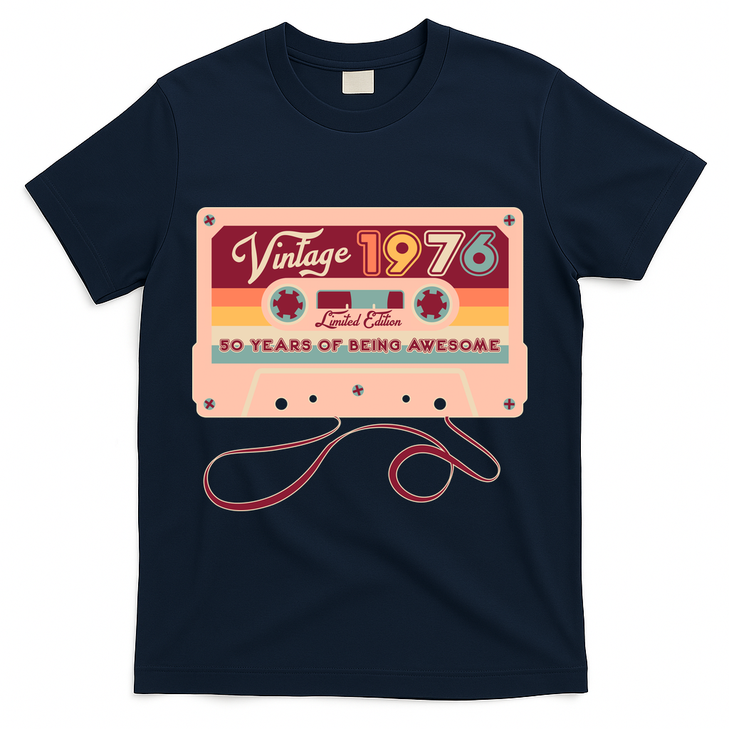 50th Birthday Vintage 1976 Limited Edition Cassette Tape T-Shirt - Navy