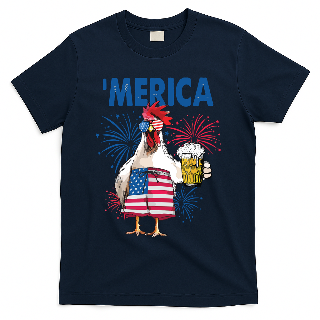 Merica Funny Chicken With Beer USA Flag 4th Of July T-Shirt
