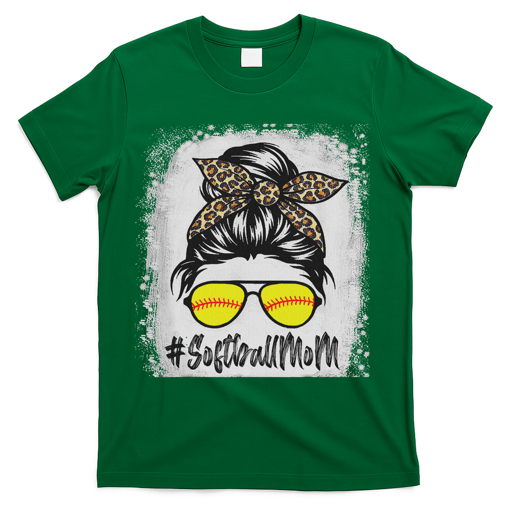 Bleached Softball Mom Life With Leopard And Messy Bun Player T-Shirt