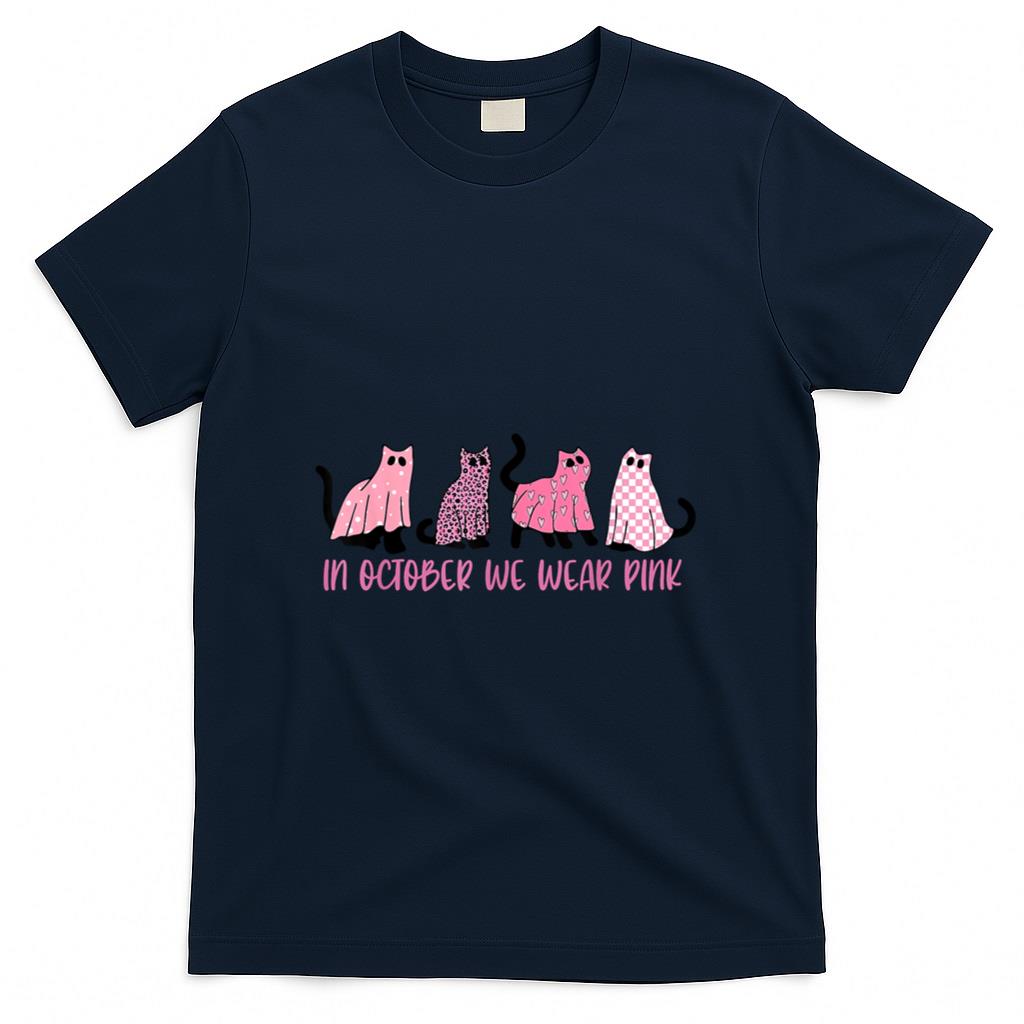 in October We Wear Pink Ghost Cats Breast Cancer Awareness T-Shirt
