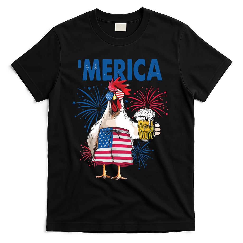 Merica Funny Chicken With Beer USA Flag 4th Of July T-Shirt