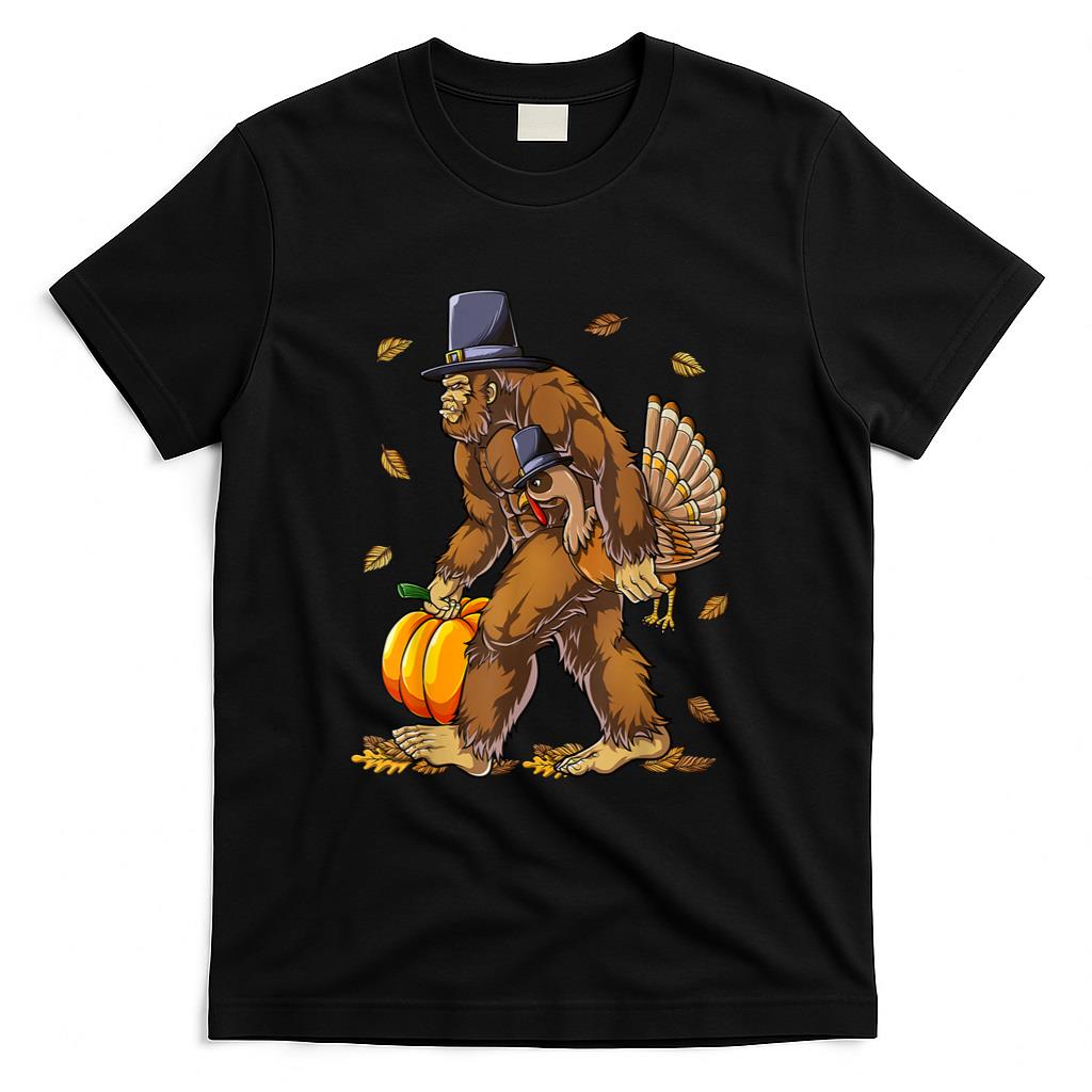 Bigfoot Pilgrim Turkey Pumpkin Thanksgiving Day Boys Men T-Shirt