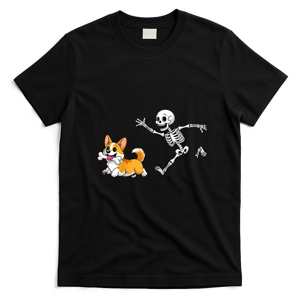 Pet Mom Halloween Shirt - Funny Skeleton Chasing Corgi Halloween Dog Mom Pet Lover Raglan Baseball Tee_1