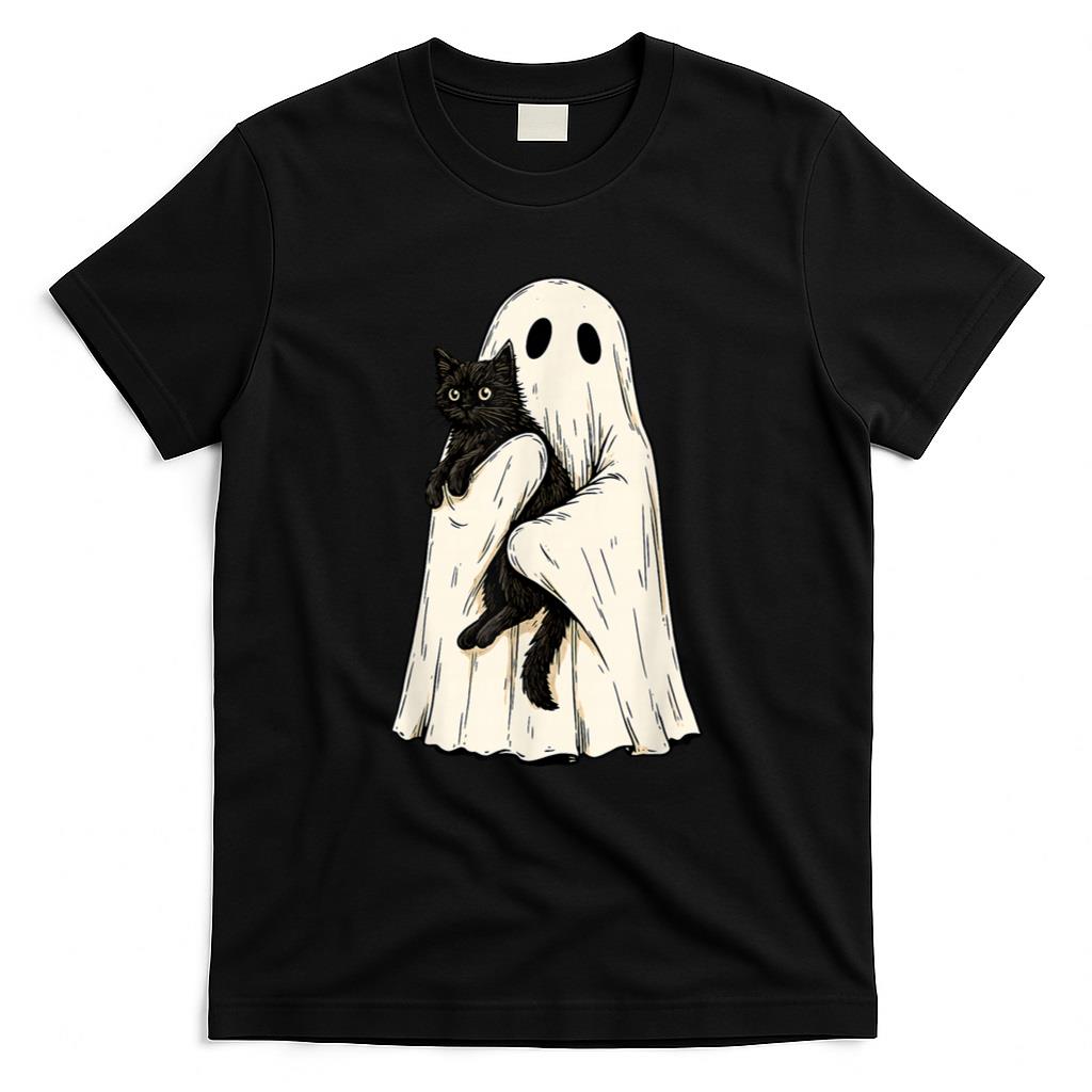 Halloween Shirt - Vintage Halloween Ghost Holding Black Cat Men Women T-Shirt