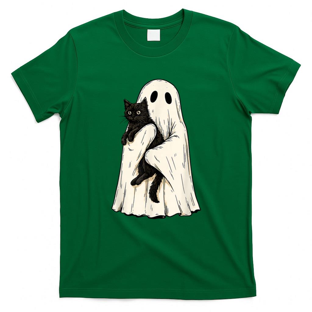 Halloween Shirt - Vintage Halloween Ghost Holding Black Cat Men Women T-Shirt