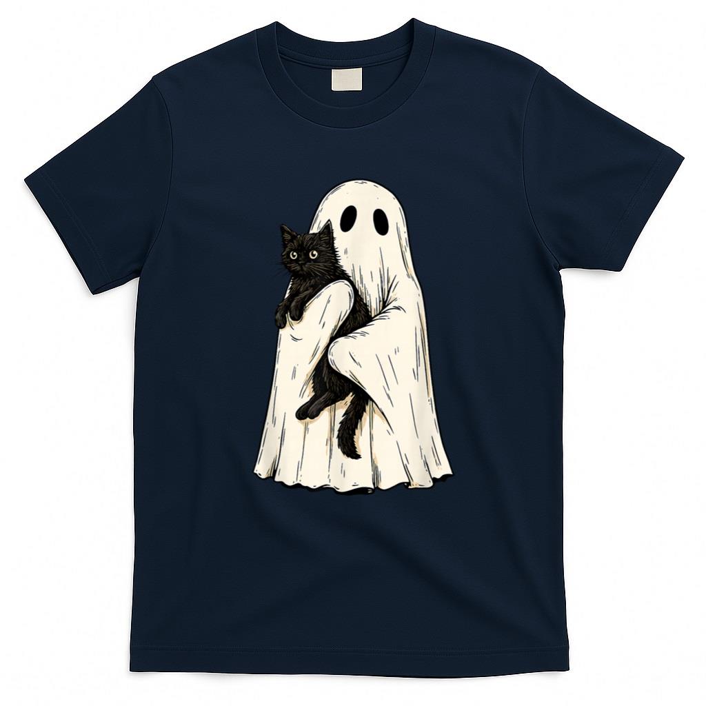 Halloween Shirt - Vintage Halloween Ghost Holding Black Cat Men Women T-Shirt