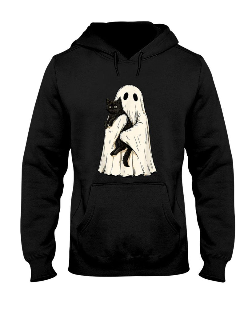 Halloween Shirt - Vintage Halloween Ghost Holding Black Cat Men Women T-Shirt