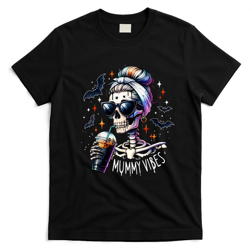 Pet Mom Halloween Shirt - Mummy Vibes Skeleton Coffee Mom Spooky Season Halloween T-Shirt