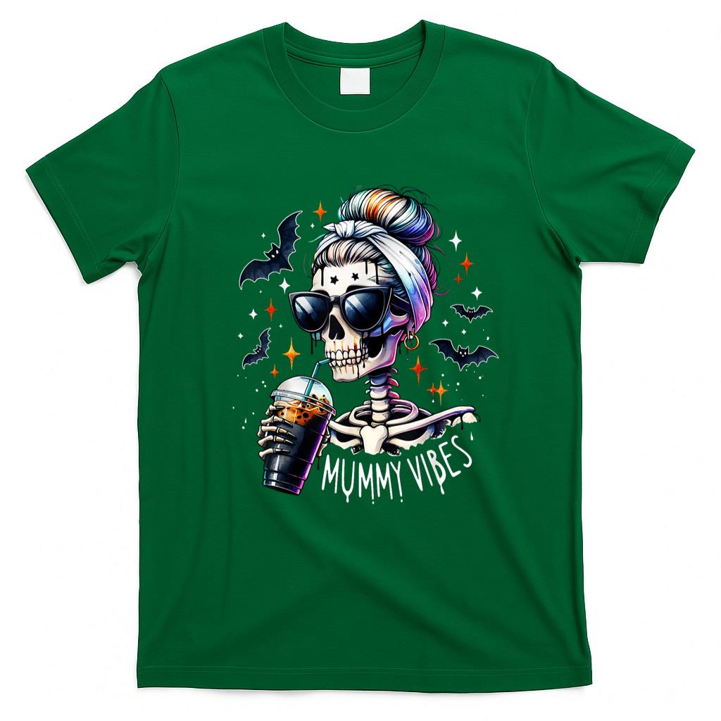 Pet Mom Halloween Shirt - Mummy Vibes Skeleton Coffee Mom Spooky Season Halloween T-Shirt