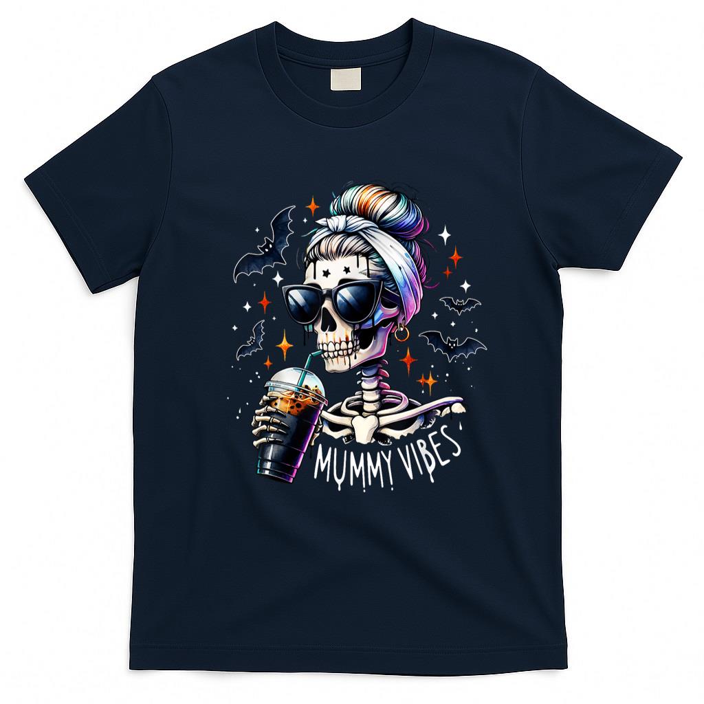 Pet Mom Halloween Shirt - Mummy Vibes Skeleton Coffee Mom Spooky Season Halloween T-Shirt