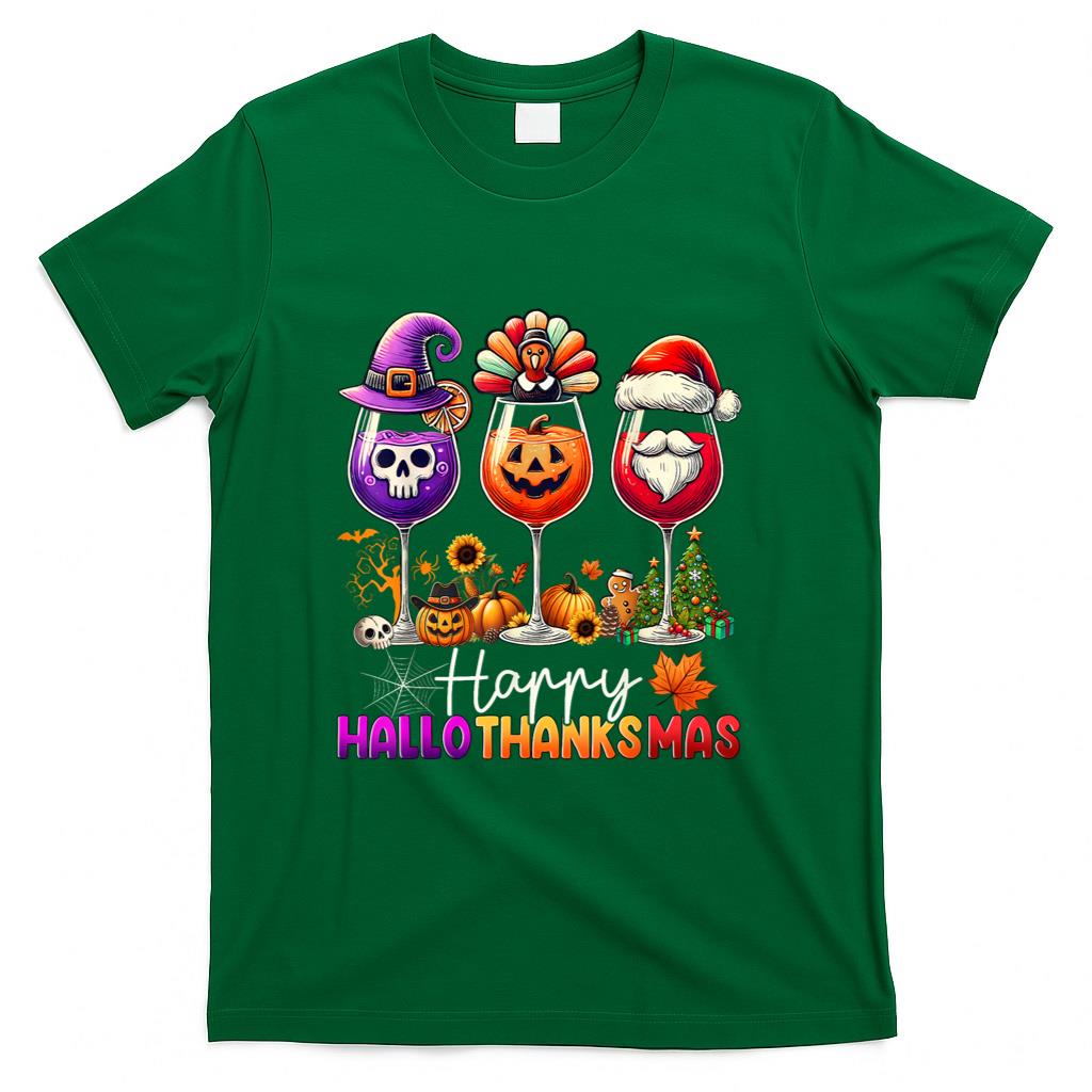 Happy Hallothanksmas Wine Halloween Thanksgiving Christmas T-Shirt