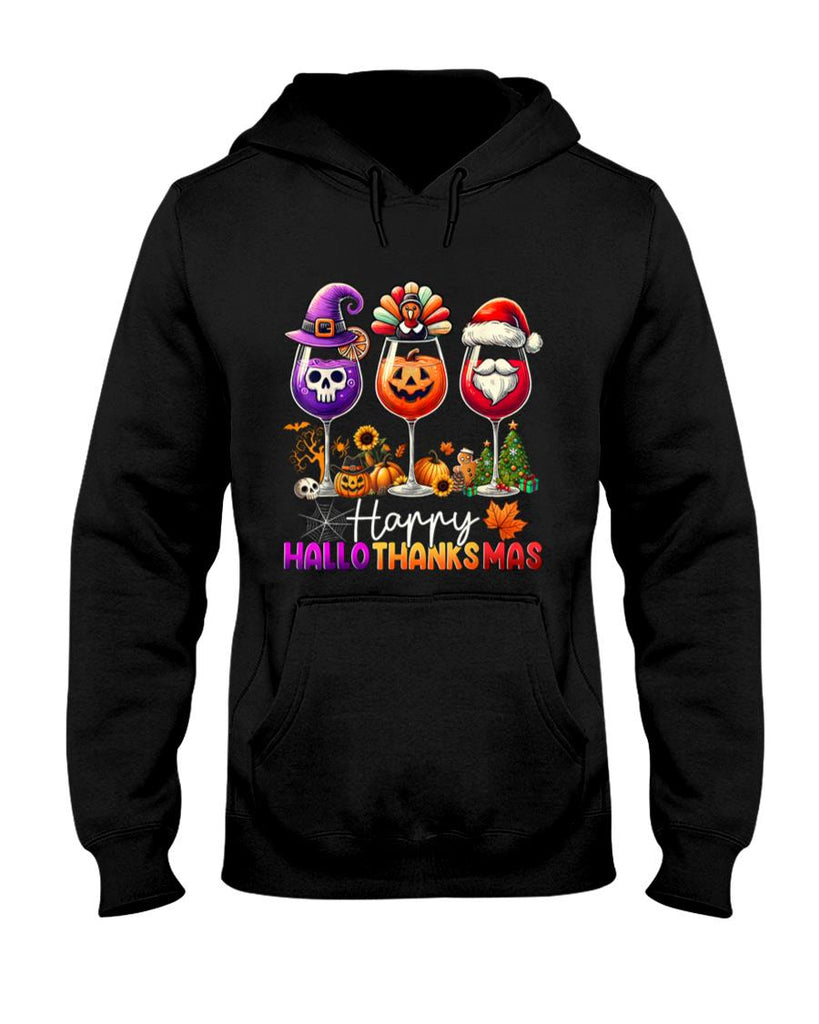 Happy Hallothanksmas Wine Halloween Thanksgiving Christmas T-Shirt