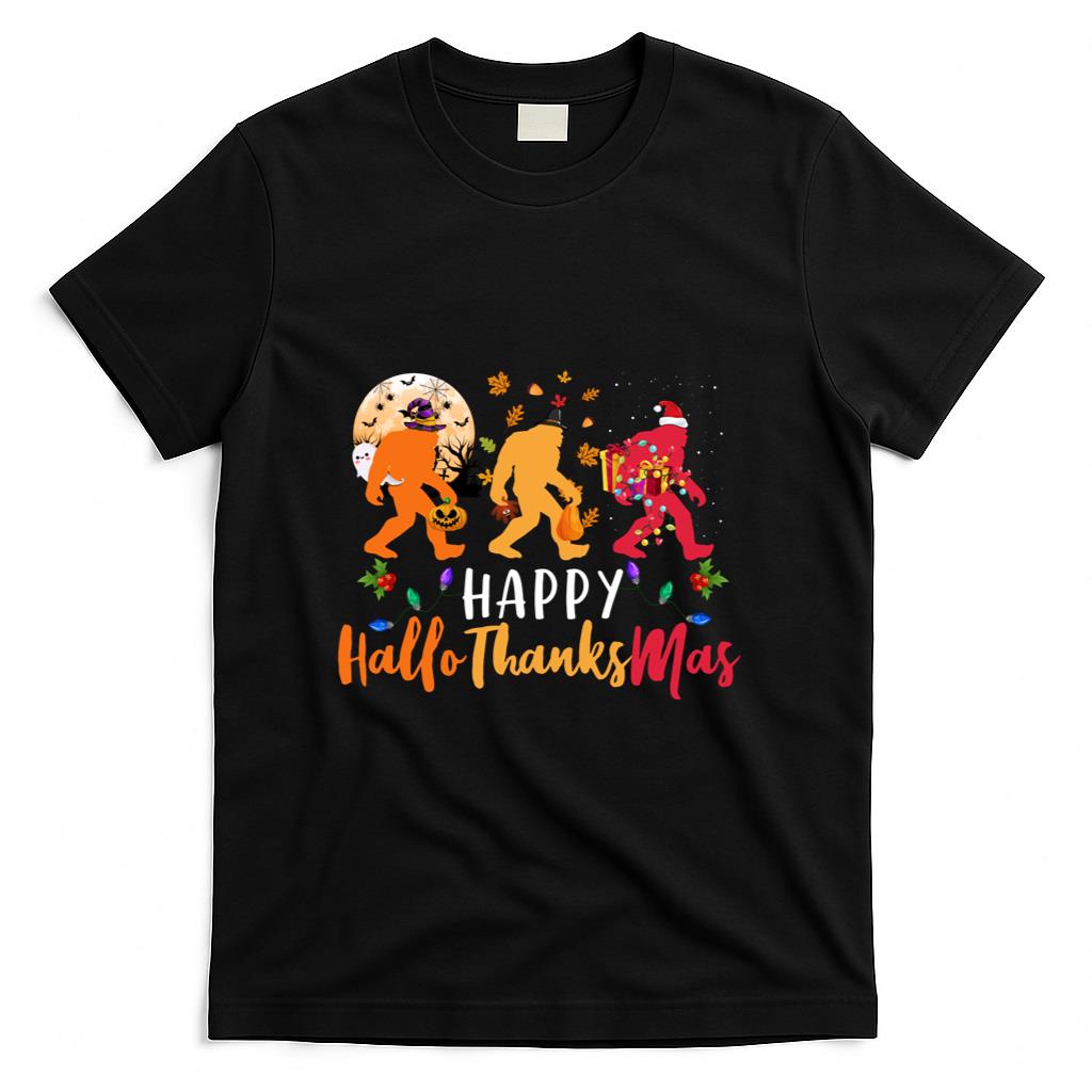 Hallothanksmas Bigfoot Halloween Thanksgiving Christmas Long Sleeve T-Shirt