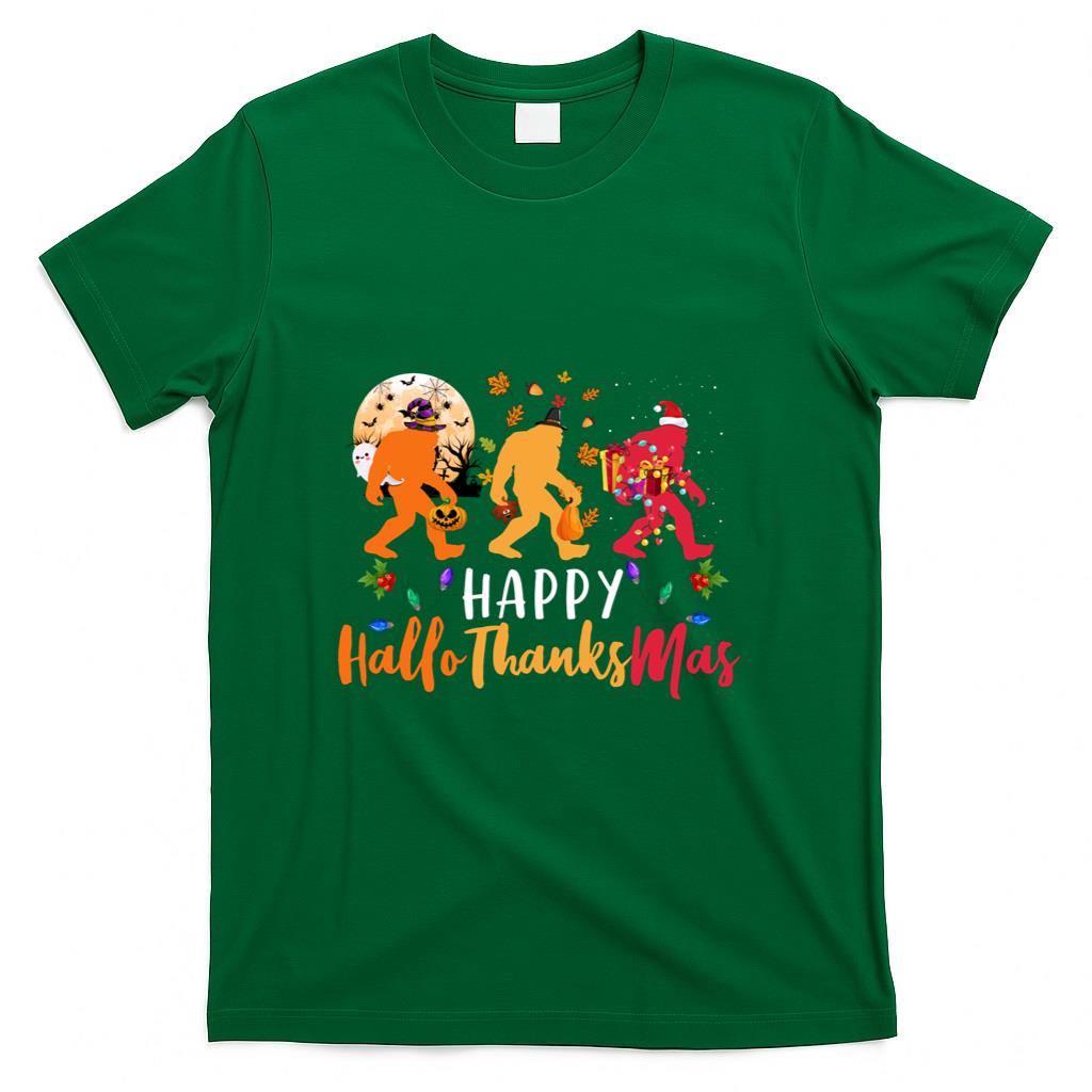 Hallothanksmas Bigfoot Halloween Thanksgiving Christmas Long Sleeve T-Shirt