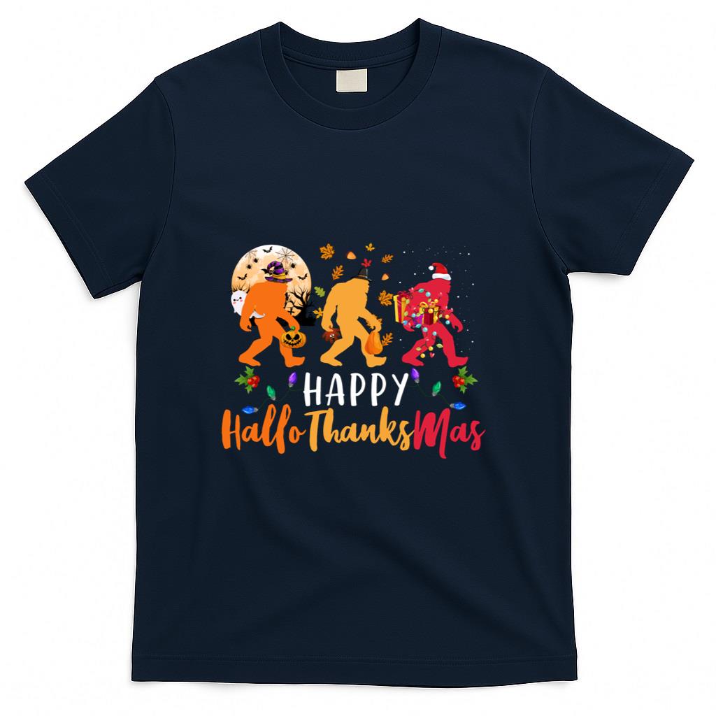 Hallothanksmas Bigfoot Halloween Thanksgiving Christmas Long Sleeve T-Shirt