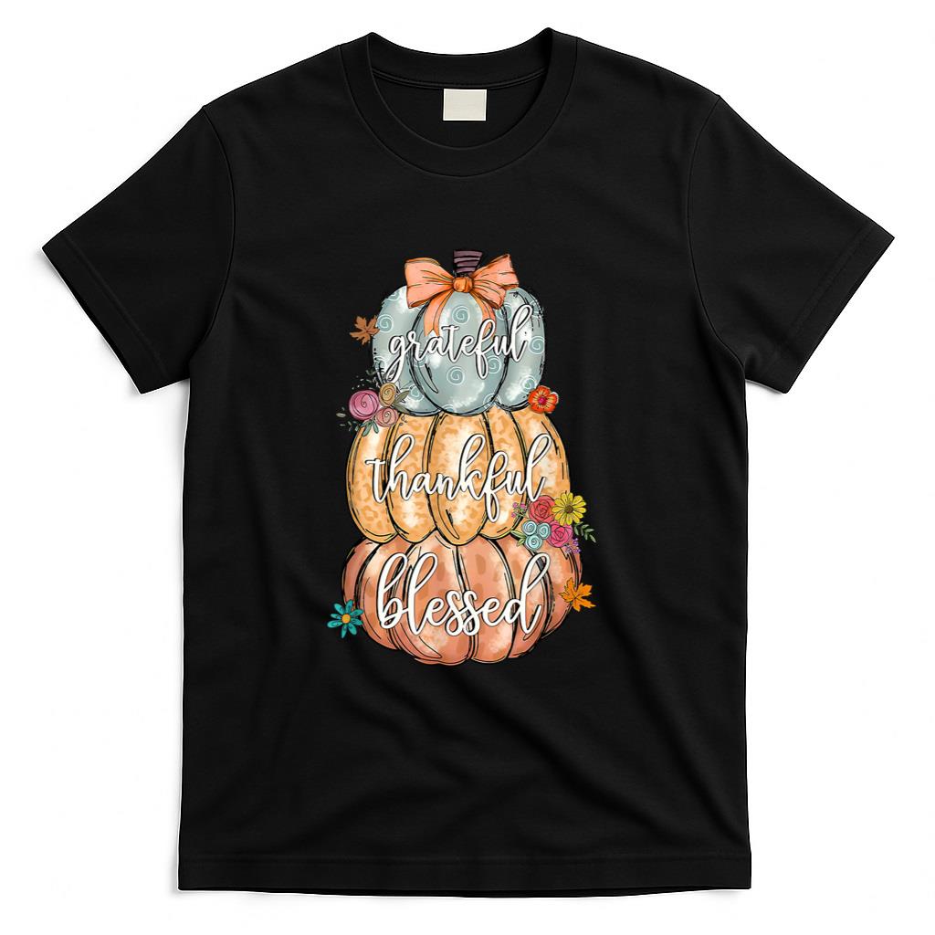 Coquette Bow Pumpkin Grateful Thankful Blessed Thanksgiving T-Shirt