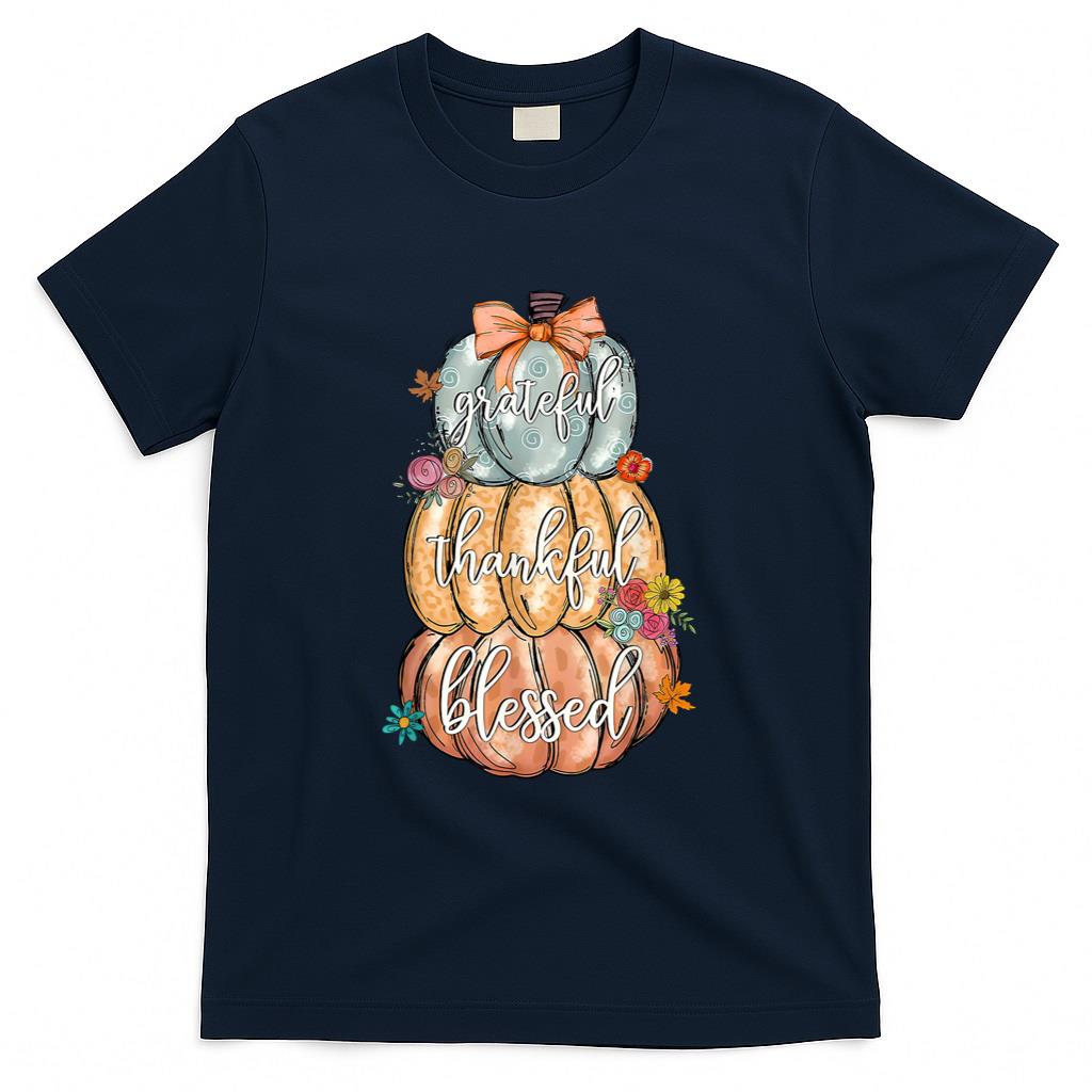 Coquette Bow Pumpkin Grateful Thankful Blessed Thanksgiving T-Shirt