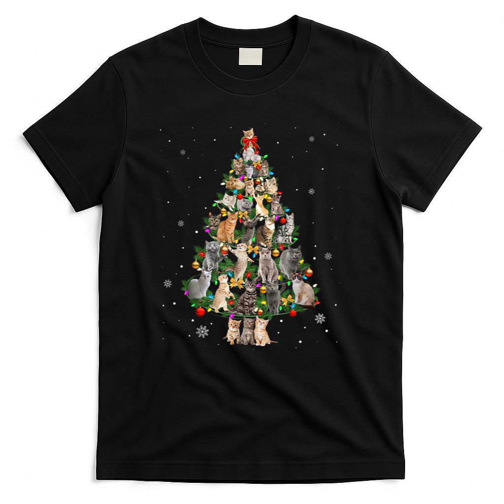 Meowy Xmas Cats Christmas Tree Lights Snow Kitten Funny Gift T-Shirt