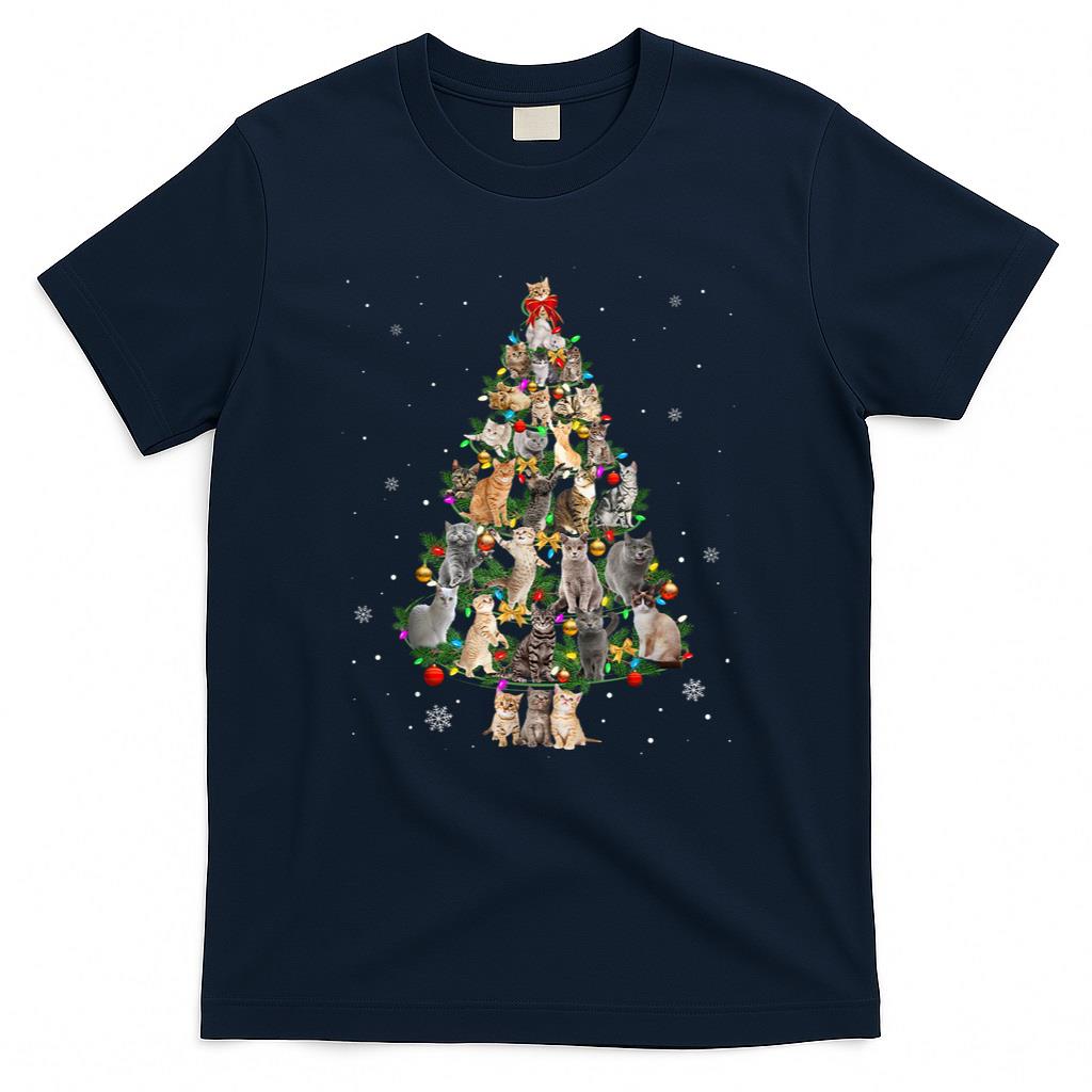Meowy Xmas Cats Christmas Tree Lights Snow Kitten Funny Gift T-Shirt