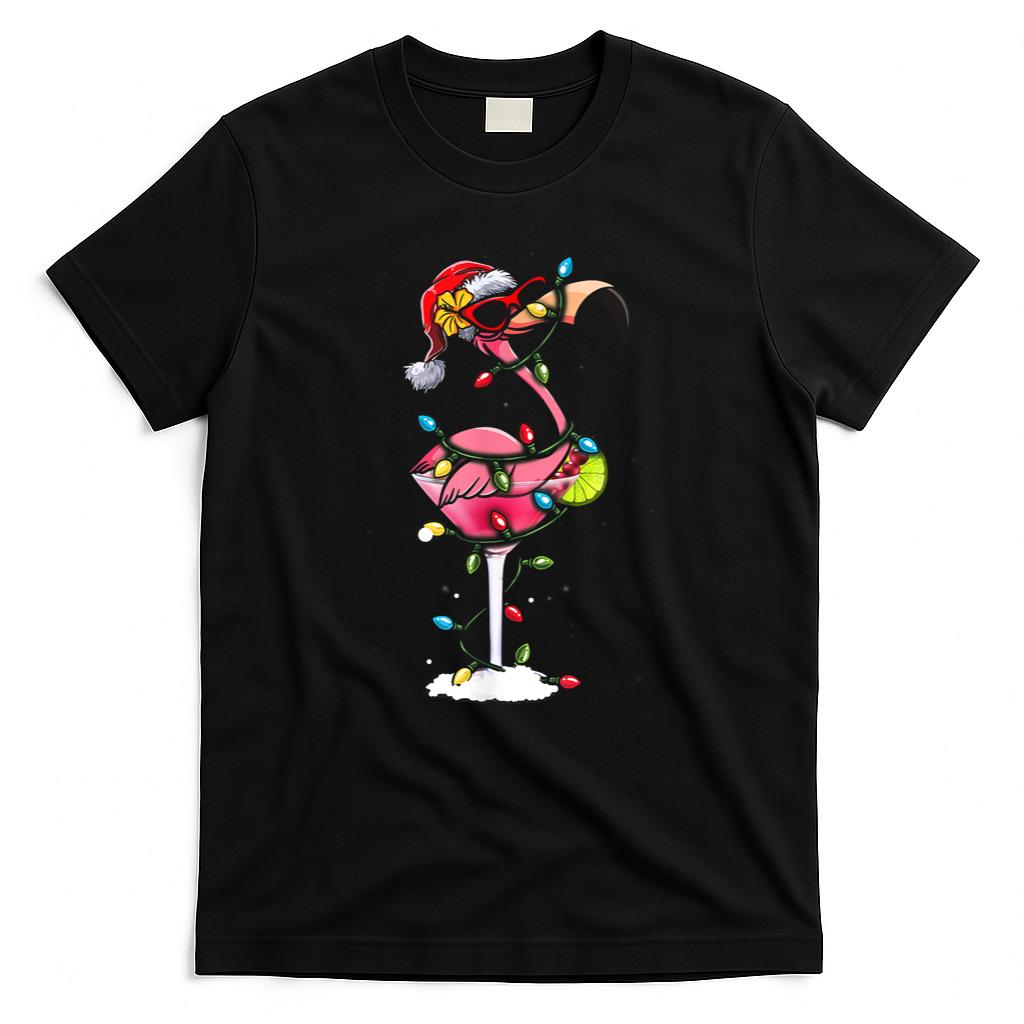 Christmas Flamingo Santa Hat Martini Funny Xmas Cocktail T-Shirt